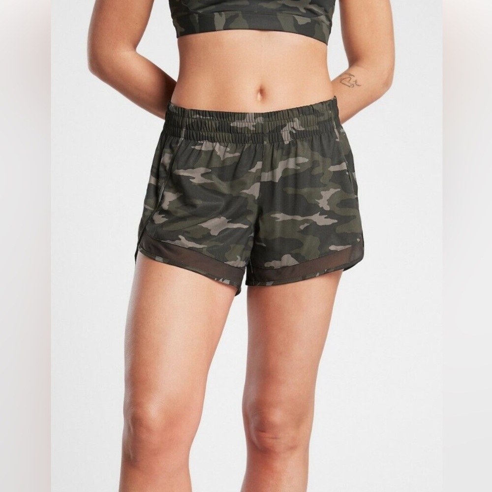 Athleta mesh racer shorts green camo